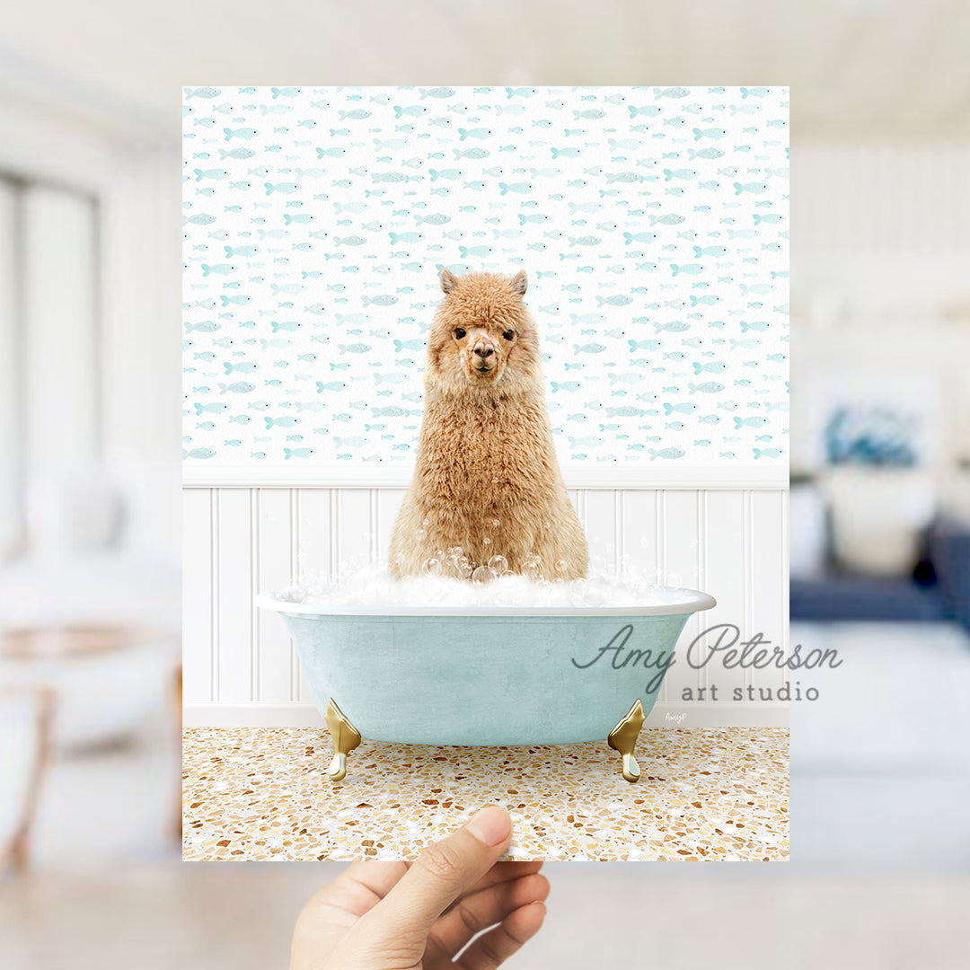 a hand holding up a card with a dog in a bathtub