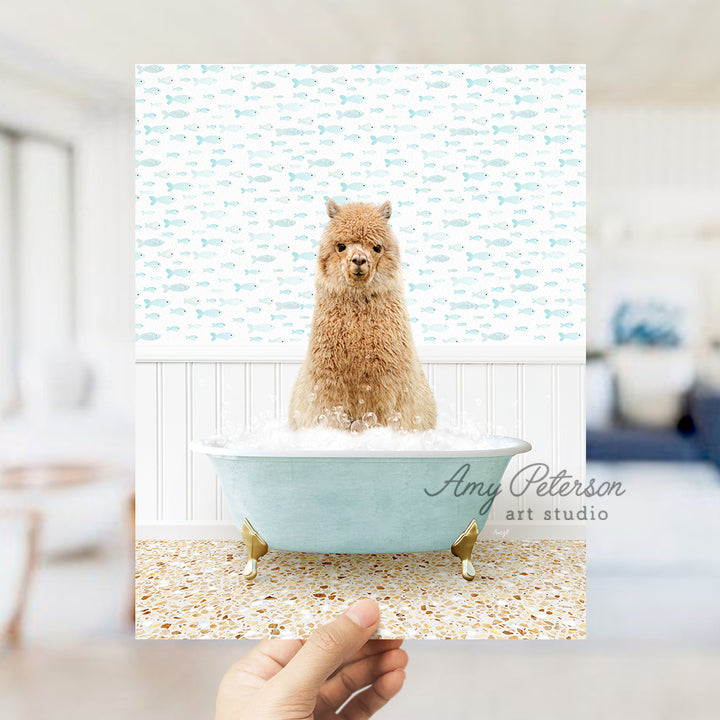 a hand holding up a card with a dog in a bathtub