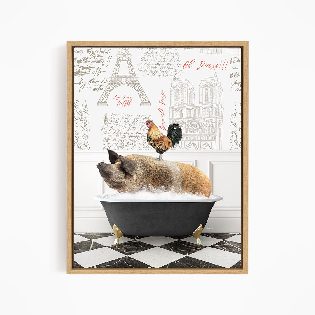A pig sitting in a bathtub, with a rooster perched on its back, against a backdrop of the Eiffel Tower and other Parisian landmarks.