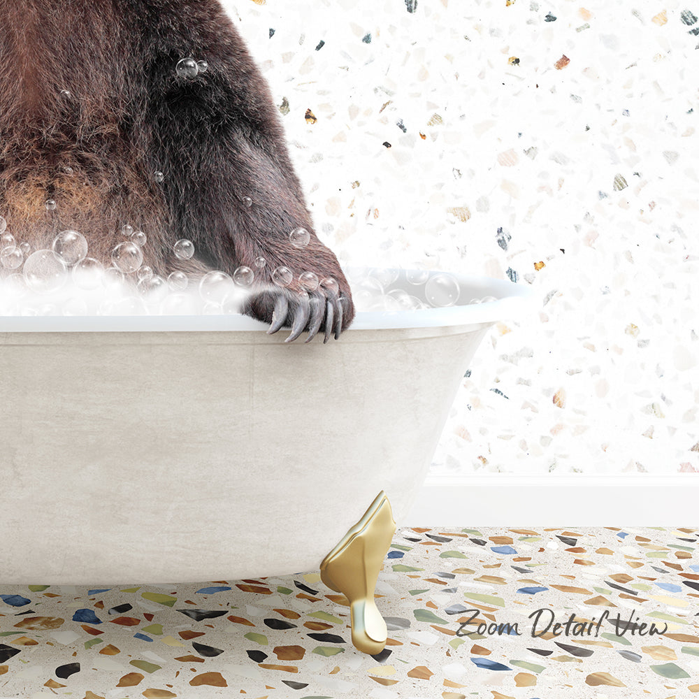 A close-up of a bear's paw in a bathtub filled with bubbles, with a text overlay that reads "Zoom Detailed View".