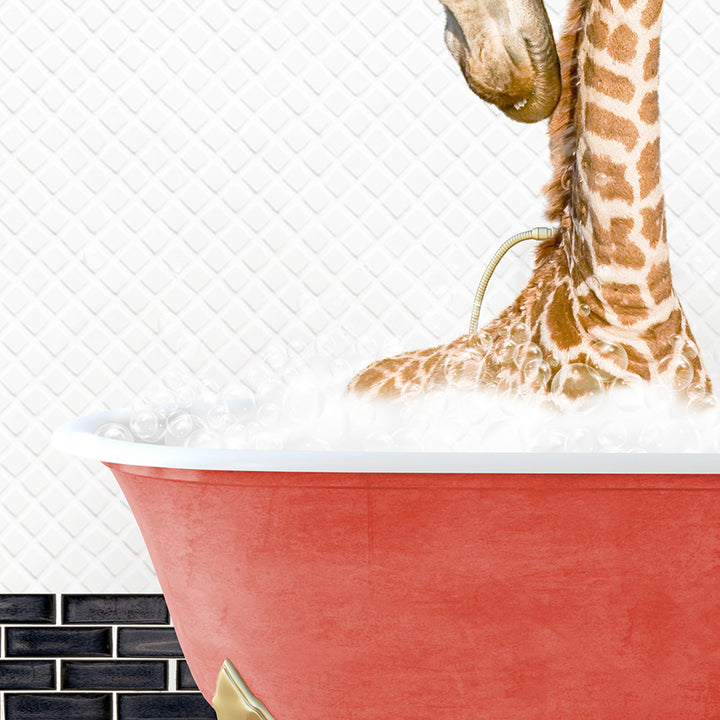 a giraffe in a bathtub with its head in the water