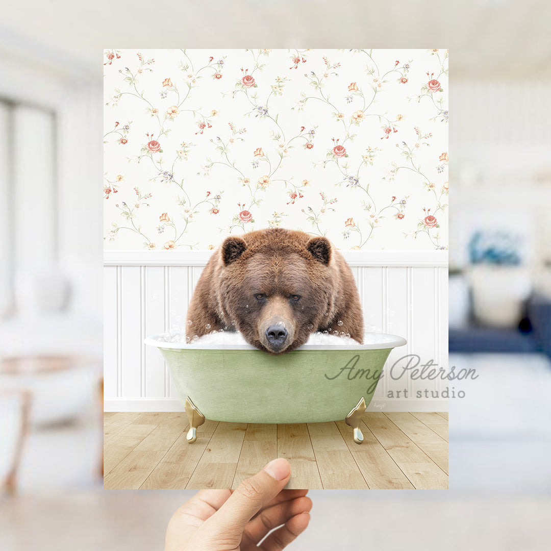 a bear is taking a bath in a bathtub