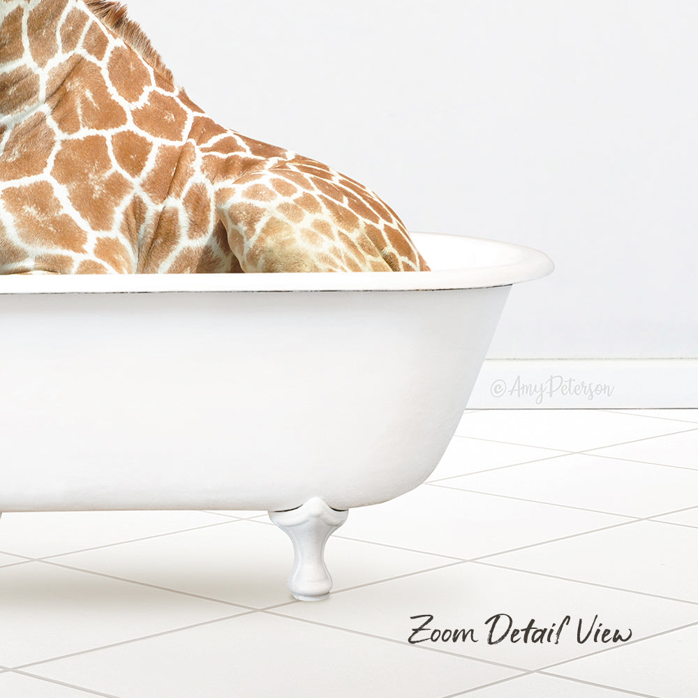 A giraffe is sitting in a white bathtub, with its head resting on the edge of the tub.