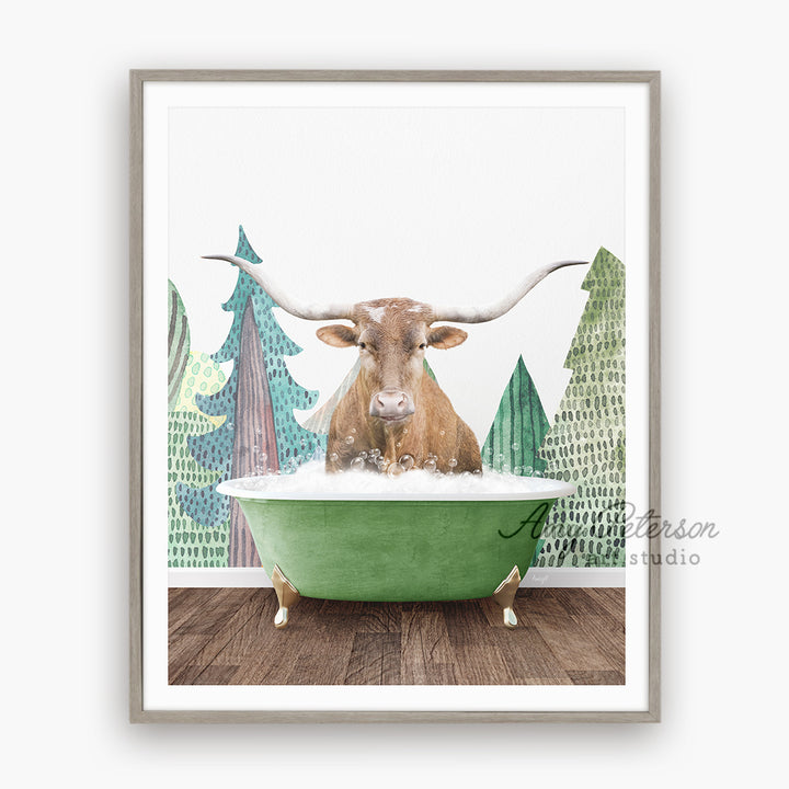 a picture of a cow in a bathtub with trees in the background