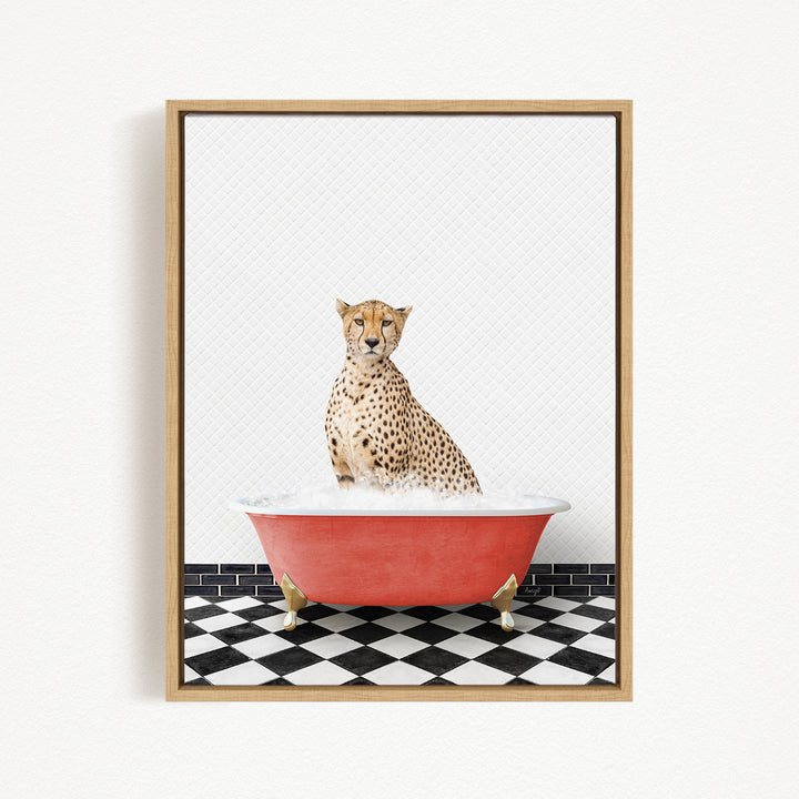 A cheetah sitting in a red bathtub filled with water, with a black and white checkered floor in the background.