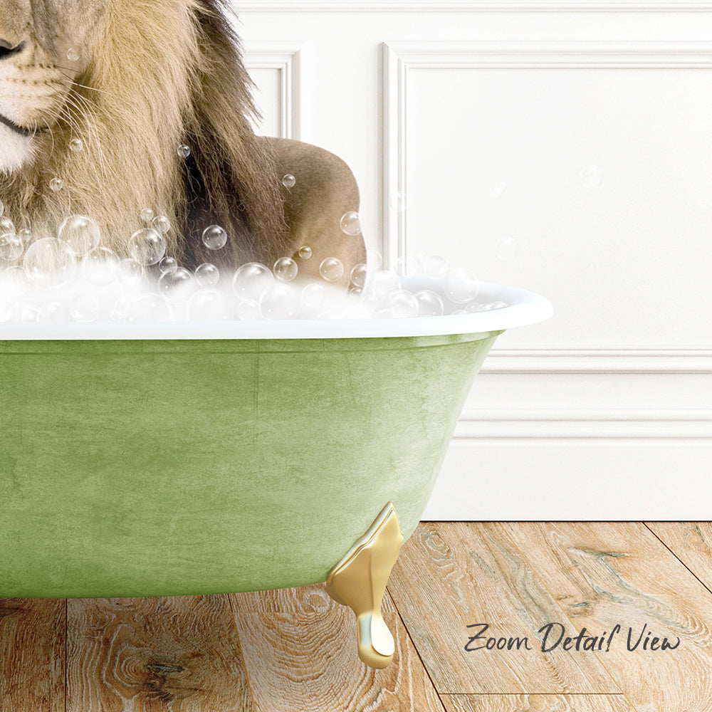 A lion is sitting in a green bathtub filled with bubbles, creating a whimsical and playful scene.