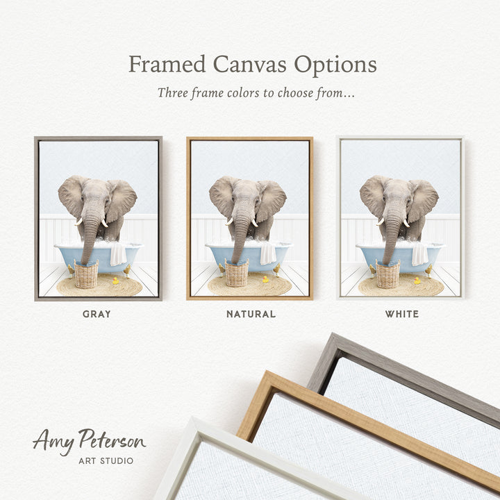 The image is a framed canvas option featuring three different colored frames, each containing a photograph of an elephant in a bathtub.