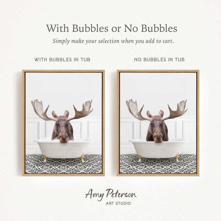 The image is a collage of two framed pictures, each featuring a moose in a bathtub. The moose in the bathtub has large antlers, and the moose in the tub does not have antlers. The collage is titled "With Bubbles or No Bubbles" and is created by Amy Peterson from Art Studio.