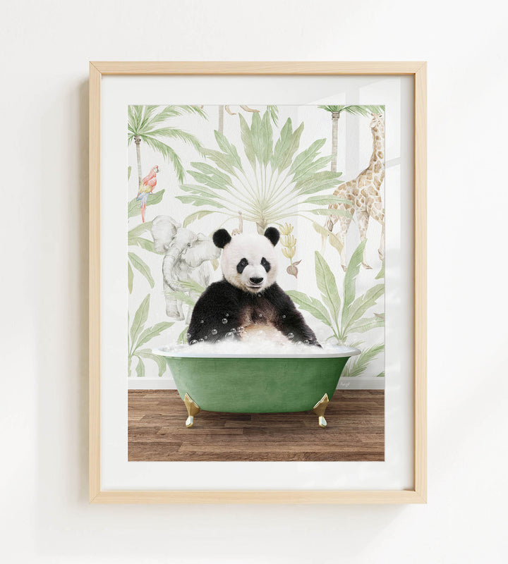A panda bear sitting in a green bathtub, surrounded by tropical foliage and a giraffe in the background.
