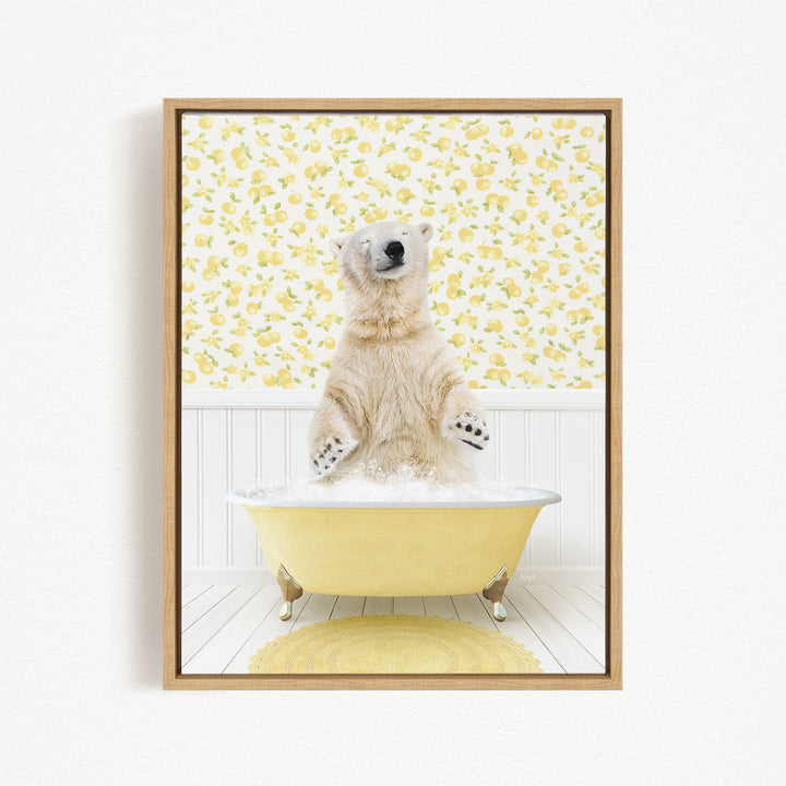 A polar bear standing in a yellow bathtub filled with water, surrounded by a yellow and white patterned wall.