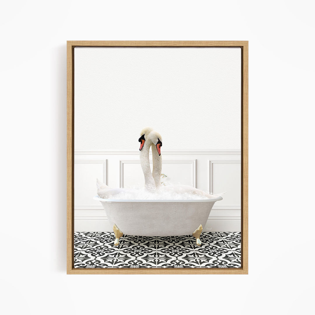 A white swan standing in a white bathtub filled with bubbles, with a black and white patterned floor beneath it.