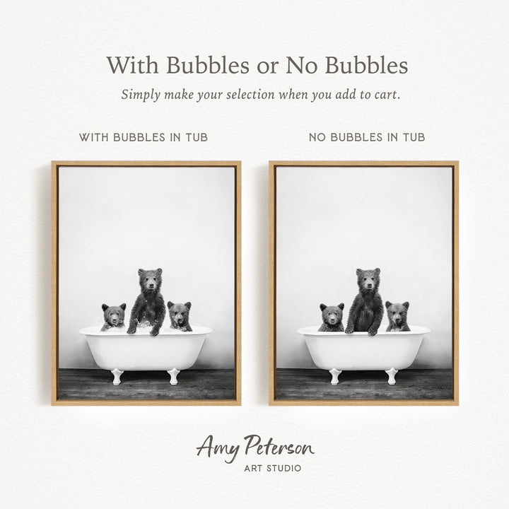 The image is a black and white photograph of three bears sitting in a bathtub, with one bear sitting in the tub and the other two bears sitting on the edge of the tub. The bears are positioned in a way that creates a sense of bubbles or bubbles in the tub.