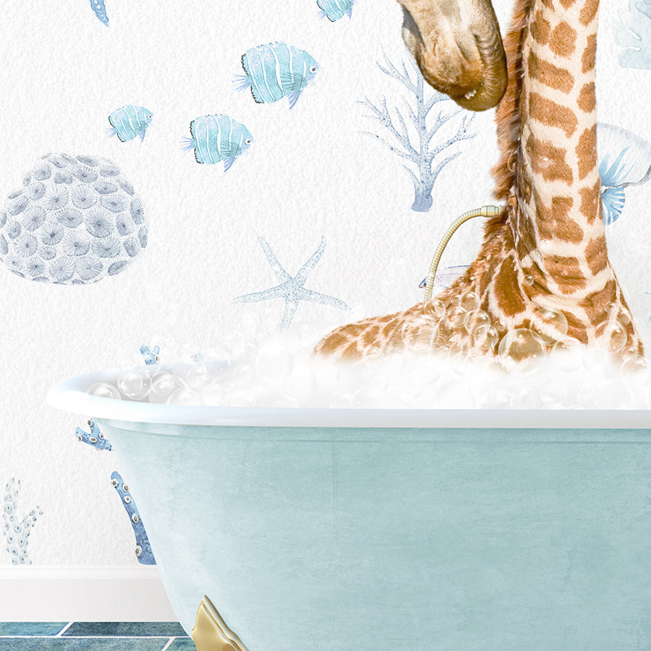 a baby giraffe in a bath tub with bubbles