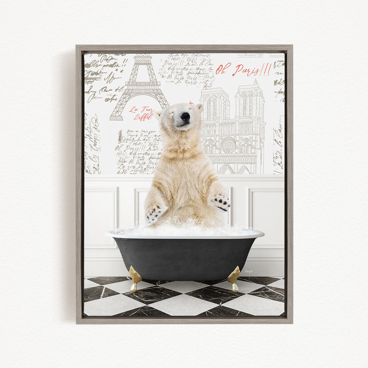 A polar bear standing in a bathtub filled with water, surrounded by a checkered floor and a wall with the Eiffel Tower and other Parisian landmarks.
