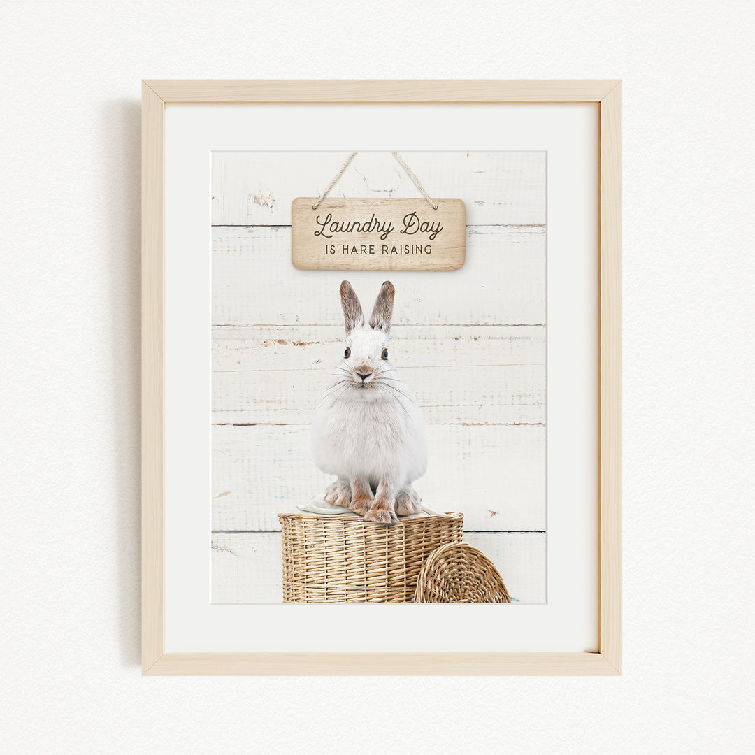 A framed image of a white rabbit sitting on a wicker basket, with a wooden sign above it that says "Laundry Day is here raising".
