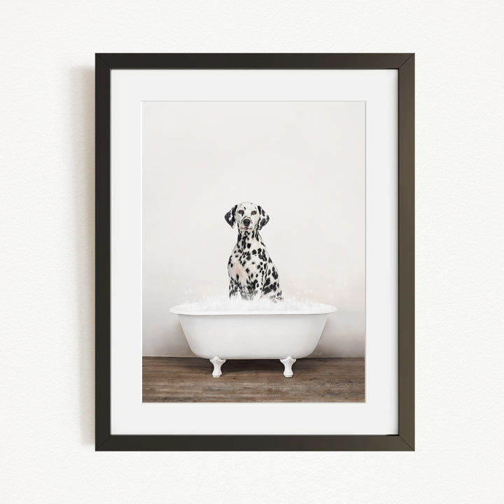 A Dalmatian dog sitting in a white bathtub filled with water, creating a playful and adorable scene.