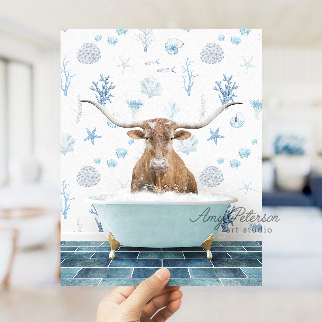 a person holding up a card with a picture of a cow in a bathtub