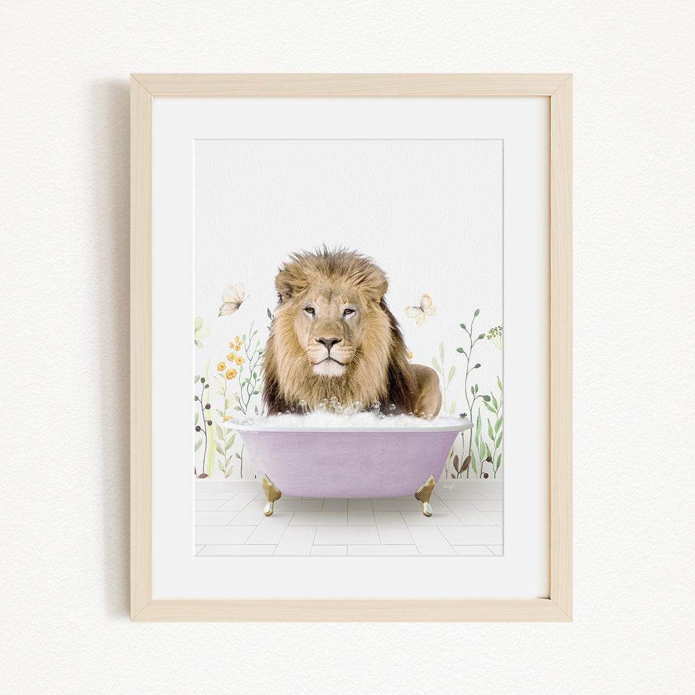 A lion sitting in a purple bathtub, surrounded by flowers and butterflies.