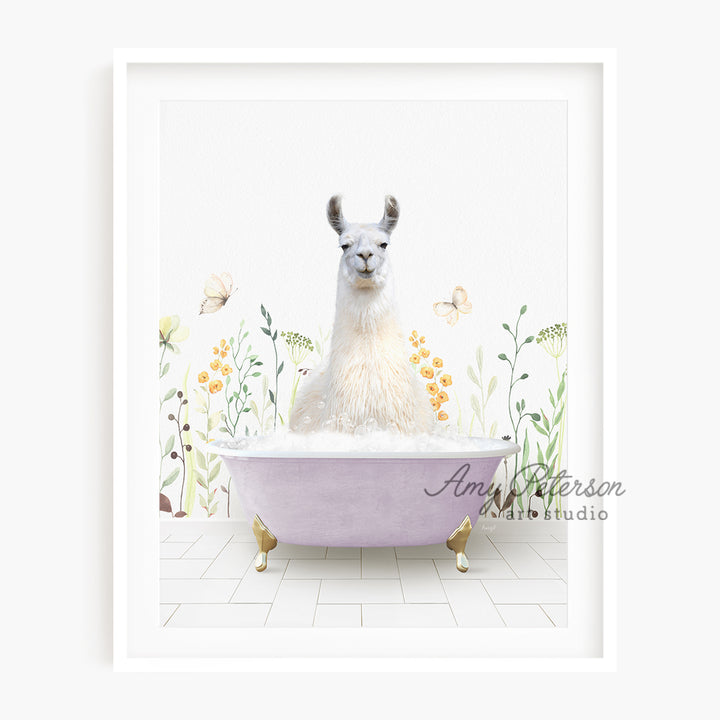 a llama in a bathtub with flowers and butterflies