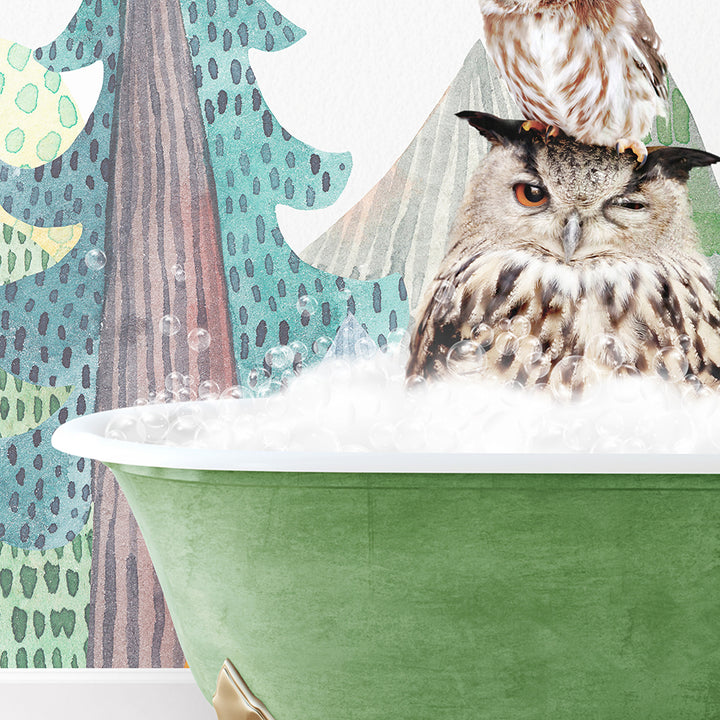 an owl is sitting in a bathtub with foam