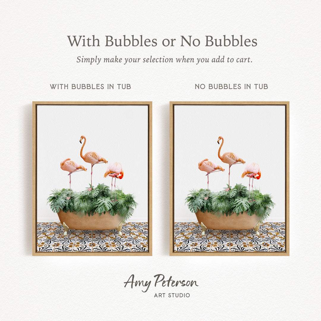 The image is a framed print featuring two different images of a potted plant with flamingos. The text above the images reads "With Bubbles or No Bubbles" and below the images, it says "Simply make your selection when you add to cart." The text below the images states "WITH BUBBLES IN TUB" and "NO BUBBLES IN TUB," indicating the type of plant in each pot. The artist's name, Amy Peterson, is also mentioned at the bottom of the image.