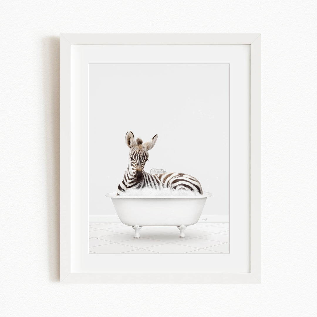 A zebra is sitting in a white bathtub, surrounded by bubbles, in the image.