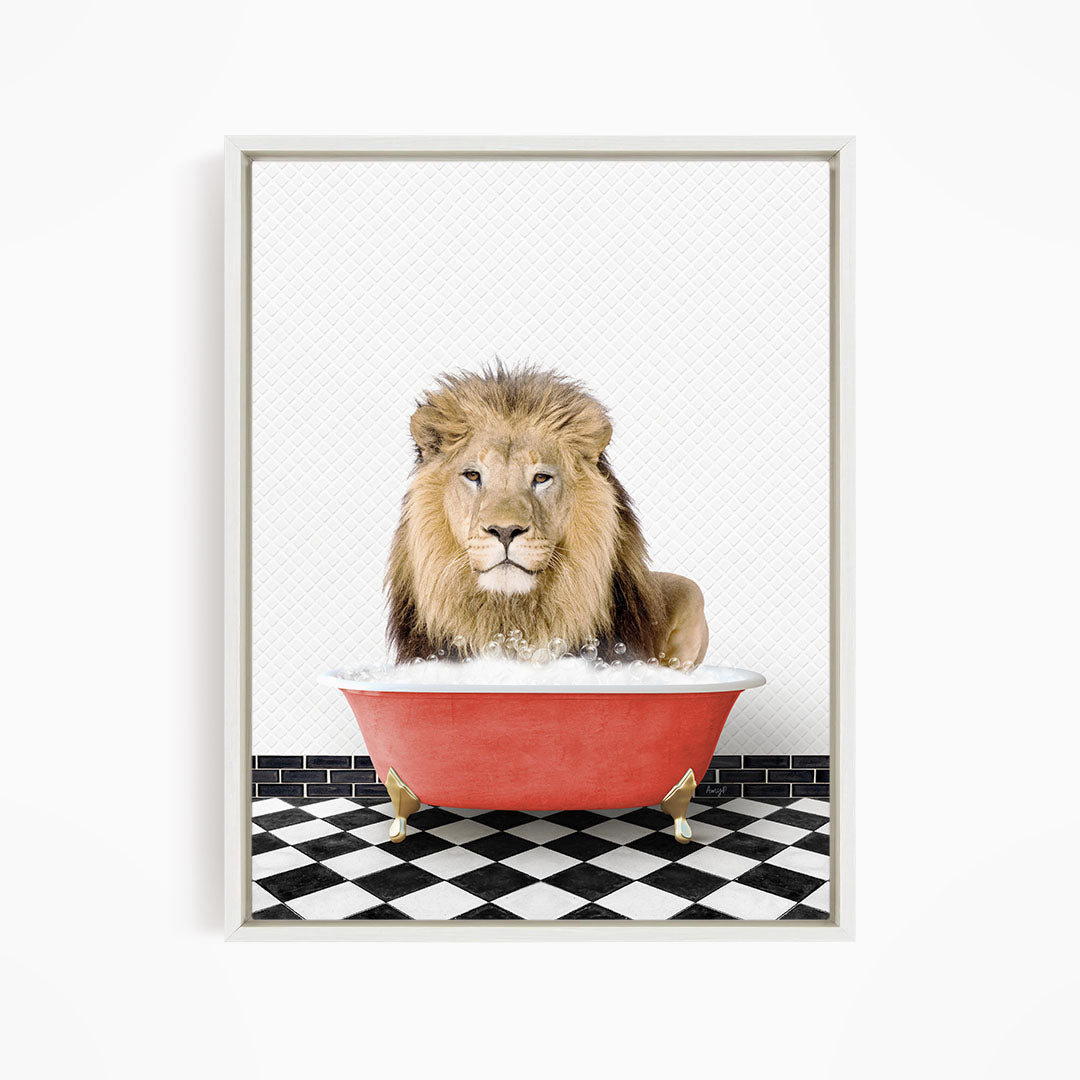 A lion sitting in a red bathtub filled with water, surrounded by a black and white checkered floor.