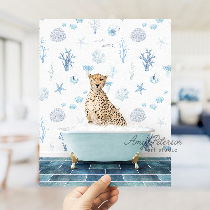 a hand holding up a card with a cheetah in a bathtub