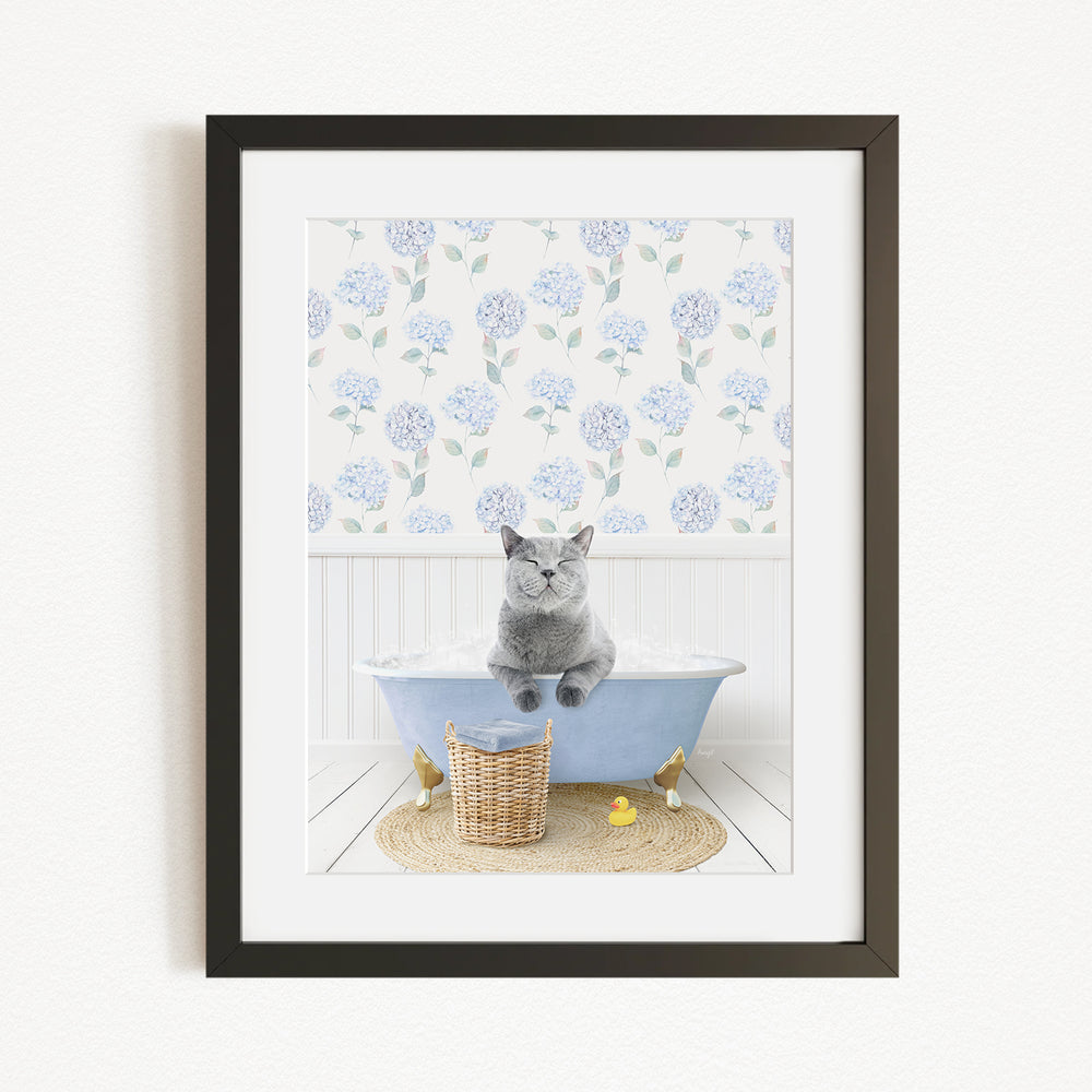 A gray cat sitting in a blue bathtub, surrounded by a floral patterned wall, a basket of rubber ducks, and a woven mat on the floor.