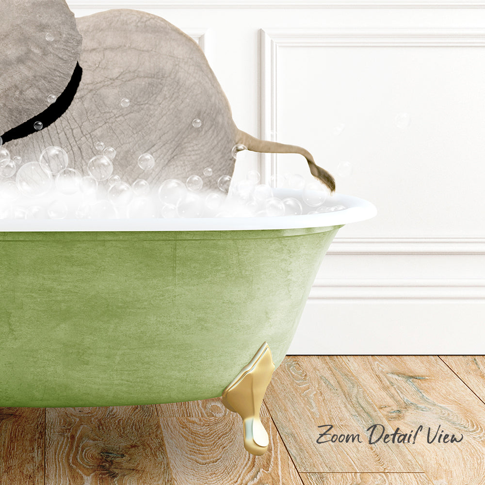 A green bathtub filled with bubbles, with a small animal, likely a cat, sitting in it.