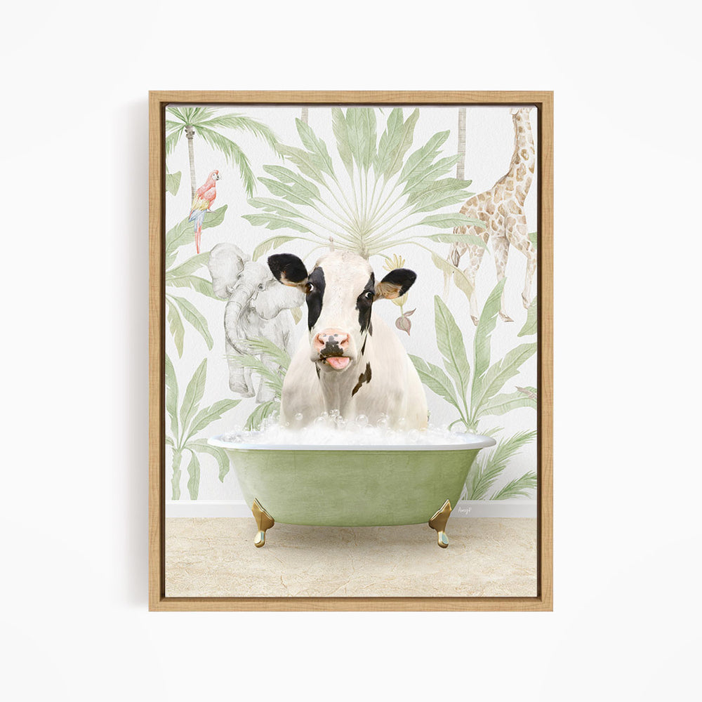 A cow is sitting in a green bathtub filled with water, surrounded by tropical plants and animals, such as a giraffe and a parrot, creating a whimsical and playful scene.
