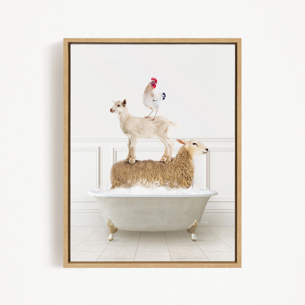A framed image depicting a white goat standing on the back of a sheep in a bathtub, with a rooster perched on top of the sheep.