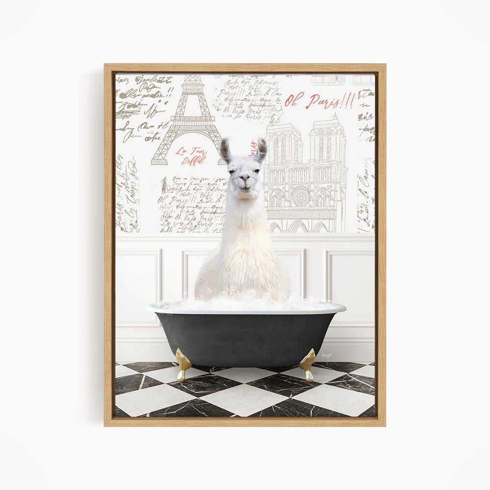 A white llama sitting in a bathtub filled with water, surrounded by a black and white checkered floor and a wall with the Eiffel Tower and other Parisian landmarks.