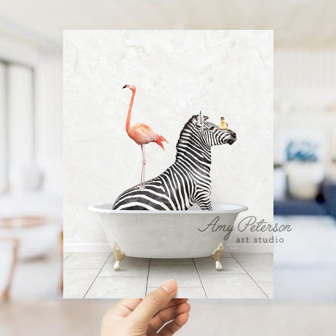 a zebra in a bathtub with a flamingo on top of it