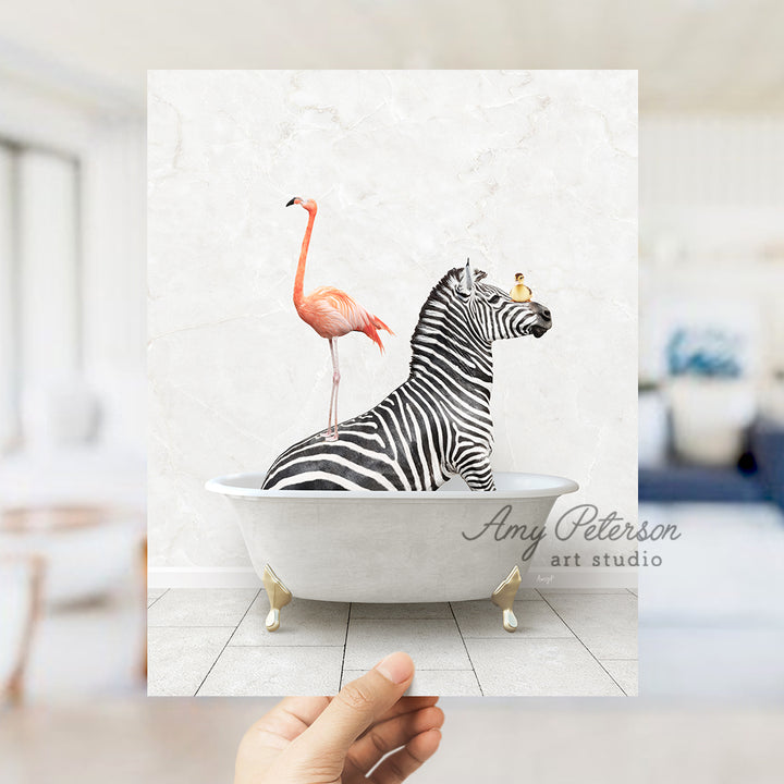 a zebra in a bathtub with a flamingo on top of it