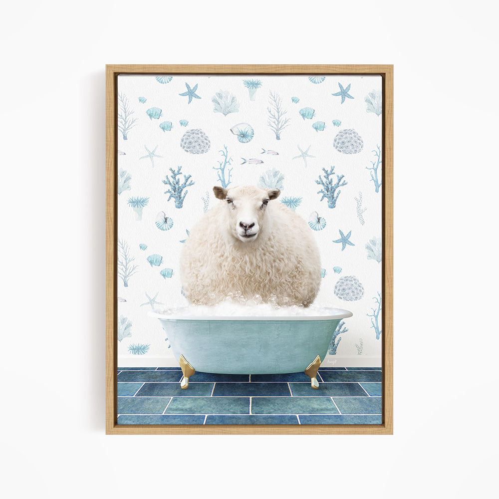 A fluffy white sheep sits in a blue bathtub filled with bubbles, surrounded by a pattern of blue and white seashells and starfish.