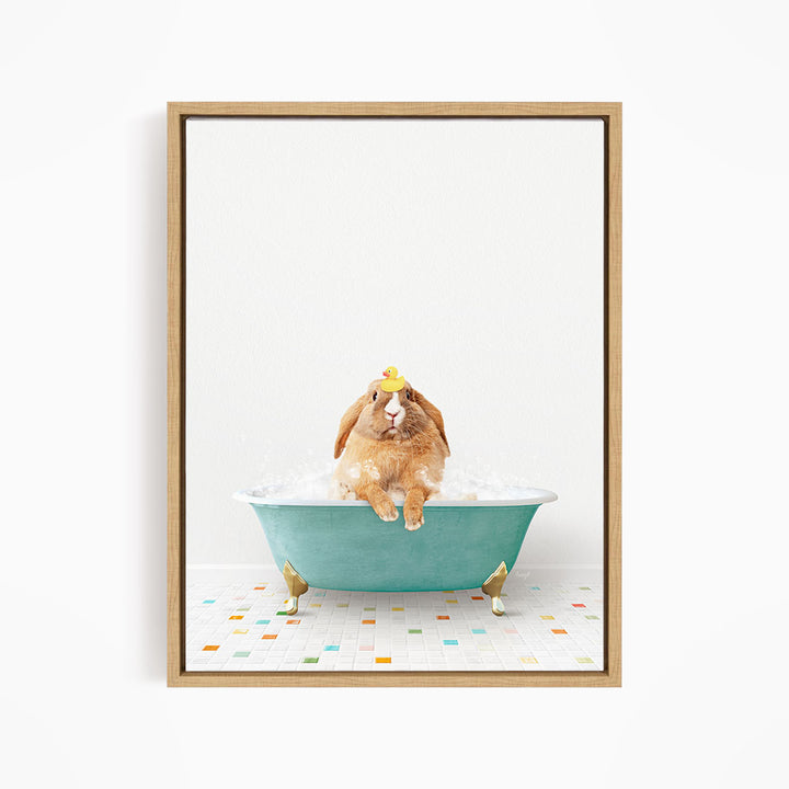 A brown rabbit sitting in a blue bathtub filled with bubbles, wearing a yellow hat.