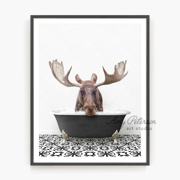 a moose is taking a bath in a bathtub