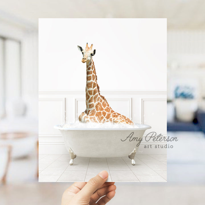 a giraffe is sitting in a bath tub