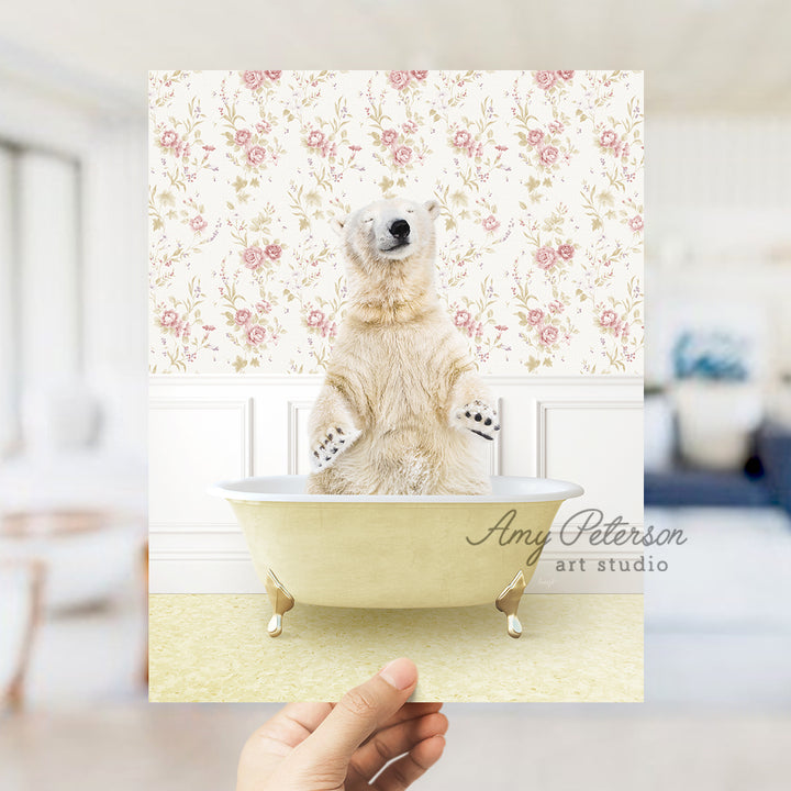 a polar bear sitting in a bath tub