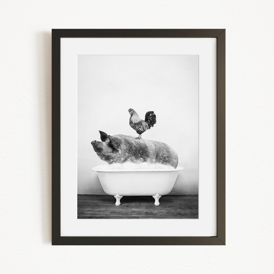 A rooster stands on a pig's back in a bathtub, creating a whimsical and humorous scene.