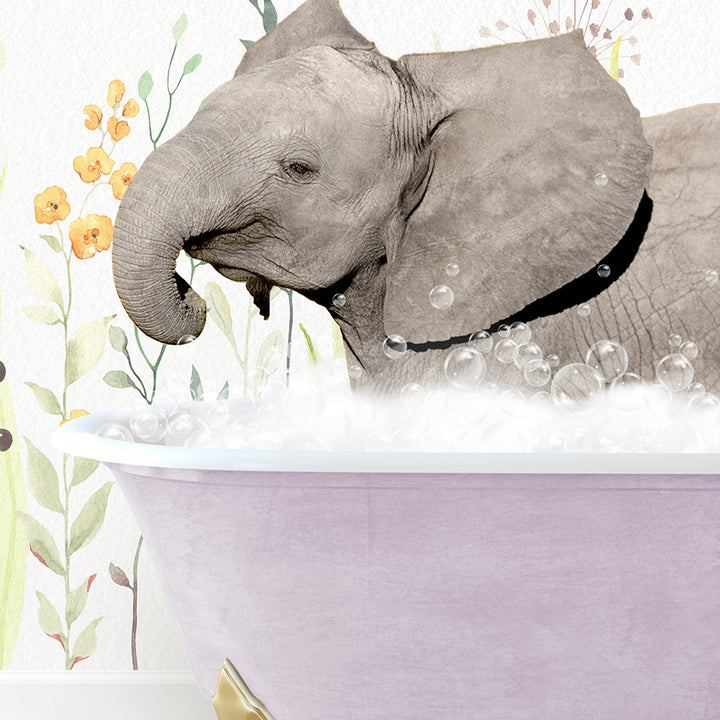 an elephant in a bathtub with flowers on the wall