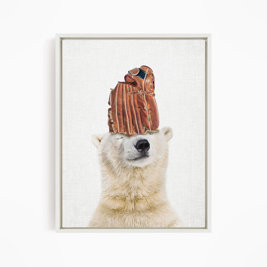 A polar bear wearing a baseball glove on its head, with its eyes closed, creating a whimsical and playful scene.