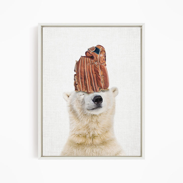A polar bear wearing a baseball glove on its head, with its eyes closed, creating a whimsical and playful scene.