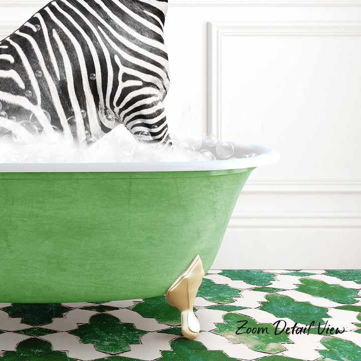 A zebra standing in a green bathtub filled with bubbles, with a patterned tile floor in the background.