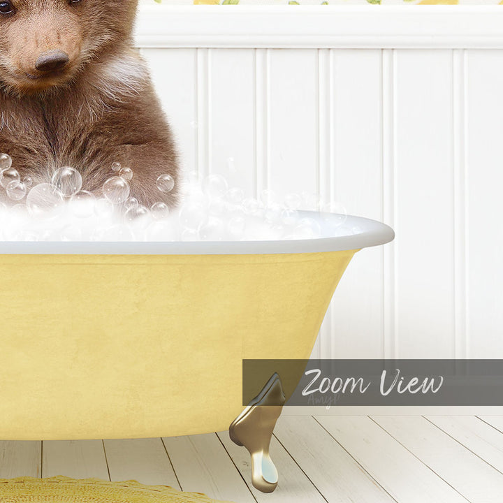 A cute brown bear sitting in a yellow bathtub filled with bubbles, with the text "Zoom View" displayed below the image.