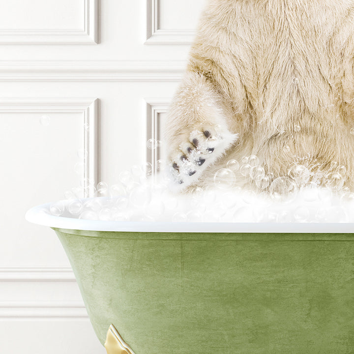 a polar bear sitting in a bathtub full of foam