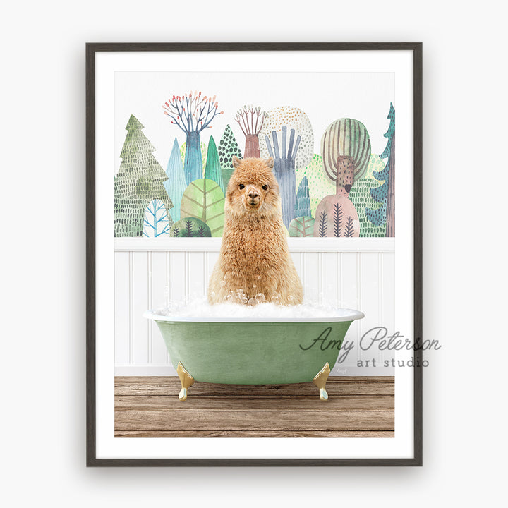 a brown dog sitting in a green bath tub