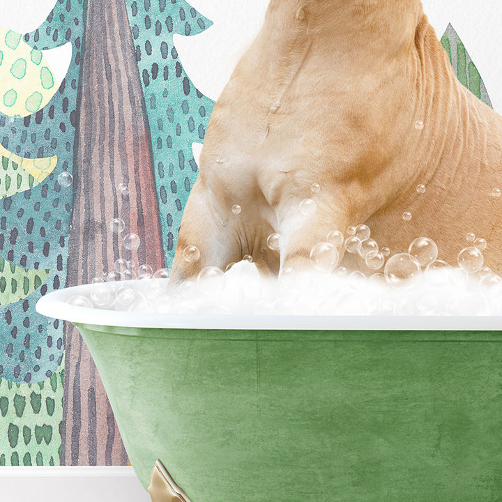 a dog is taking a bath in a green bowl