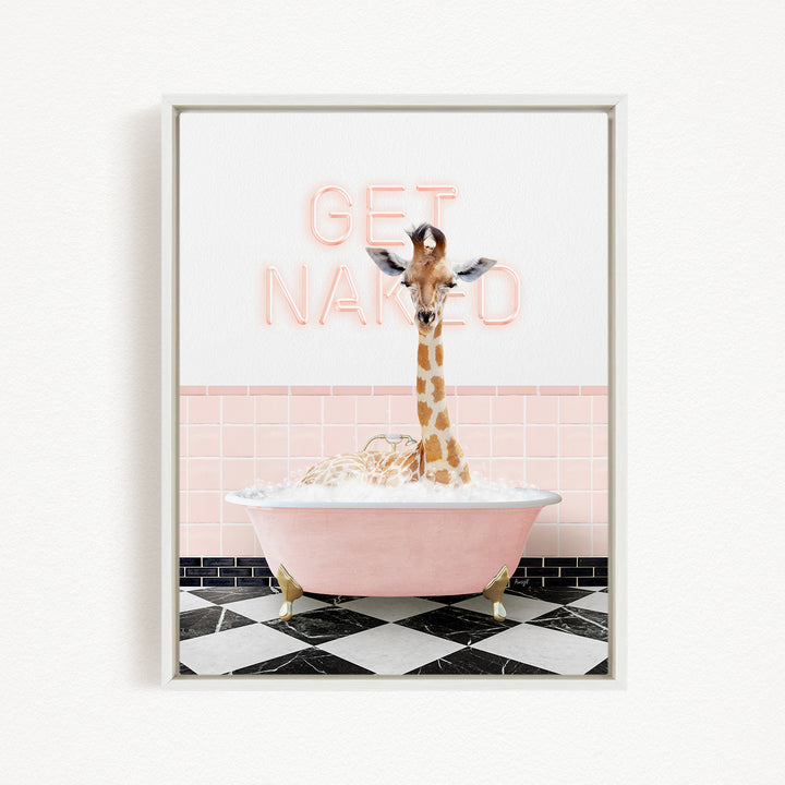 A giraffe sitting in a pink bathtub with a sign that says "GET NAKED" in the background.